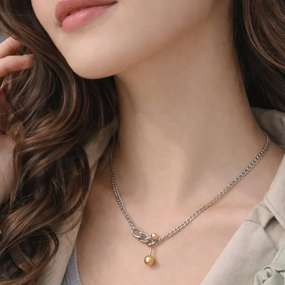Two Tone 18K Gold Plated Stainless Steel Link Chain Necklace Ball Bar Pendant